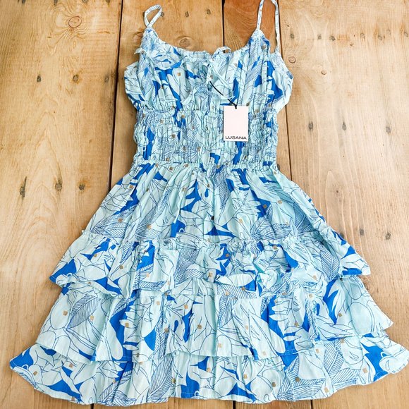 NWT Lusana Lindi Dress Aquamarine Size S, L Blue Gold Mini - Picture 4 of 8